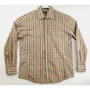 Sean John Shirt Men Large Beige Red Pearl Snap Cotton Pockets Long Sleeve